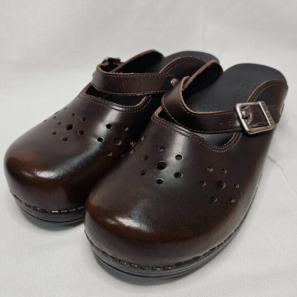 Dansko Merrie Brown Leather Laser Cut Comfort Clogs Mules Women's Size 41 - Picture 3 of 12